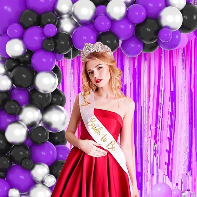 Purple Black Silver Balloon Garland Arch Kit - 121PCS Purple Black Balloons Metallic Silver Balloon for Purple Wedding Birthday Engagement Graduation Party Decorations