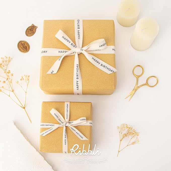 Ribbli Birthday Cotton Ribbon Natural Twill Tape Cotton with Black Happy Birthday Farmhouse Ribbon Use for Gift Wrapping Baking Crafts Home Decor-3/8 Inch x 10 Yard