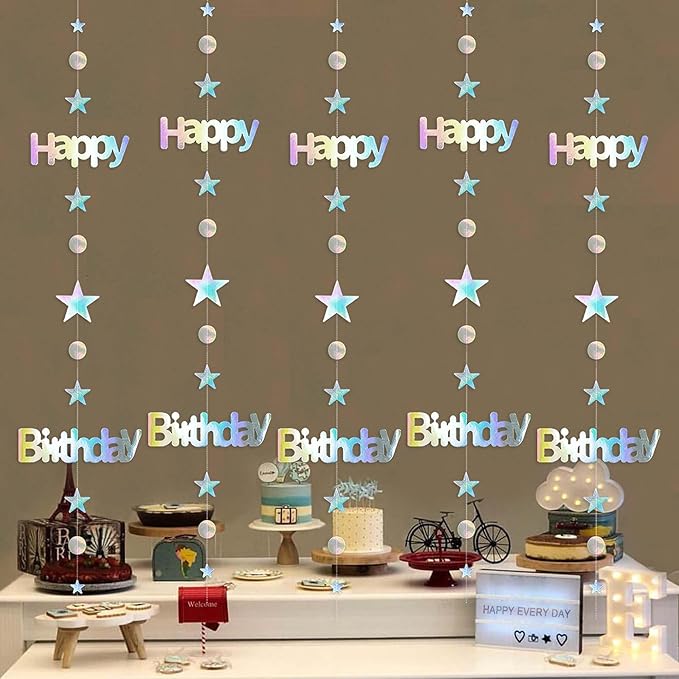 Pre-Strung Iridescent Happy Birthday Banner Decorations, No DIY Holographic Star Circle Dot Garland Sign Hanging Streamers Birthday Party Decor for Women Men Girl Boy Party Supplies