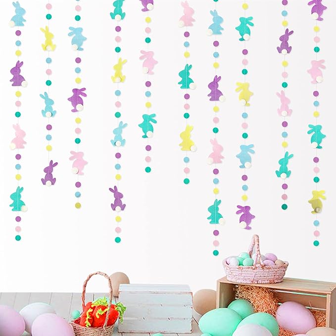 pinkblume Easter Party Decorations Pastel Easter Bunny Circle Dot Garland Streamer Hanging Felt Polka Dots Rabbit Easter Banner for Happy Easter Day Spring Birthday Tea Party Home Decorations Supplies