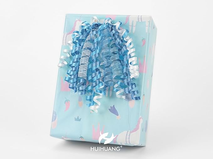 HUIHUANG Blue Bows for Gift Wrapping Blue and White Curly Bows with Self Adhesive & Twist Tie, 7 inch Gift Bow for Presents, Gift Basket, Baby Shower, Christmas Decor, Party Favors- 6 Counts