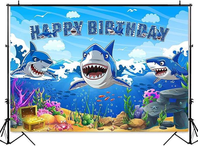 Mocsicka Shark Birthday Backdrop Shark Themed Under The Sea Happy Birthday for Boys Party Decorations Cake Table Banner Photography Background Party Supplies