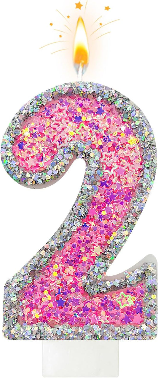Number 2 Birthday Candle for Cake – Silver Glitter Edge with Pink Star Confetti – Decorative Number Cake Topper for Anniversary & Celebration Party Decor