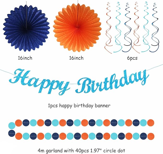 Orange Blue Men Birthday Decorations - 21pcs Happy Banner Garland,Bluey Paper Streamers Lanterns,Flower Tissue Pom Poms Fan Supplies,Hanging Wall Backdrop Party Decor Huglony