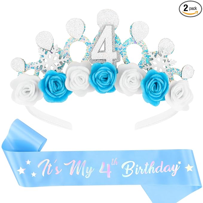 CUBACO 4th Birthday Crown Headband and Sash, 4 Year Old Girl Birthday Gifts for Blue Princess Crown, Frozen Party Decorations Favors for Girls Outfit