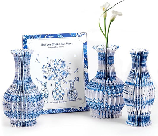 SUNBEAUTY 3 Pcs Blue and White Paper Honeycomb Vases, Mini Chinoiserie Vintage Paper Vase Set with Magnetic Closure, Chinese Style Table Centerpieces for Wedding,Baby Shower, Home & Party Decor