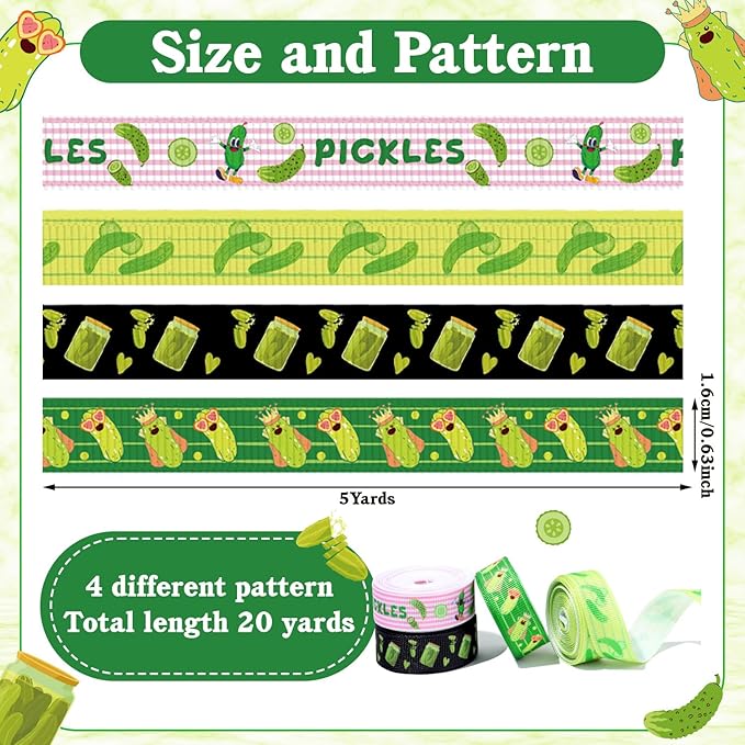 4 Rolls Pickles Ribbons, 5/8" x 20 Yard Cucumber Printed Grosgrain Ribbon Funny Pickle Party Decorations Green Pink Stripe Pickle Theme Craft Ribbons Kind of A Big Dill Theme Decoration