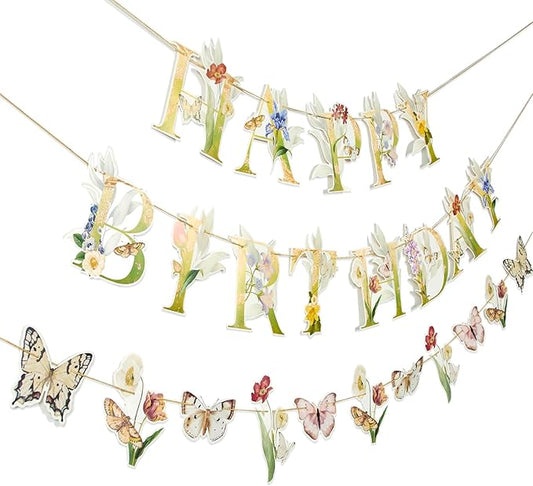 Paper Jazz Wildflower Party Birthday Banner,Butterfly Happy Birthday Banner,Floral Party Decorations for Garden Tea Party Baby Shower For Girl and Women