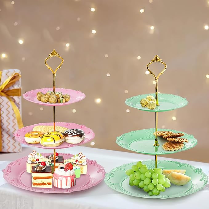 Fasmov 3 Pack 3 Tier Plastic Cupcake Stand, Dessert Plates Cake Fruit Candy Display Tower Reusable Pastry Platter for Wedding Birthday Baby Shower Tea Party Decorations - White Pink Green