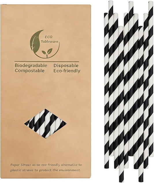 Black White Stripes Paper Drinking Straws, 100 Count Black Striped Straw Paper