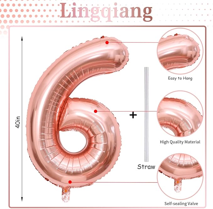Rose Gold Foil Balloon Number 6, 40'' Giant Self Inflating Number Balloons Set 0-9, Large Number 6 Helium Balloon for Girls Women 6th Birthday Graduation Anniversary Party Decorations Supplies