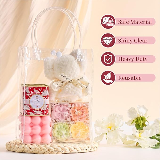 Jutieuo 24 PCS Clear Gift Bags with Handles, 5.9 x 7.9 x 2.8 Inches Reusable Plastic Goodie Bag Transparent Party Favor Bags Bulk for Weddings Birthdays Events, Classrooms & Celebrations