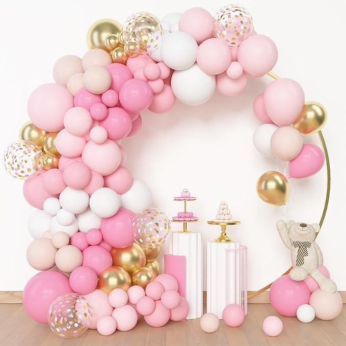 Amandir 144Pcs Pink Balloons Garland Arch Kit Light Pink Gold White Confetti Latex Metallic Balloons for Mothers Day Girl Birthday Baby Shower Wedding Graduation Party Decorations Supplies
