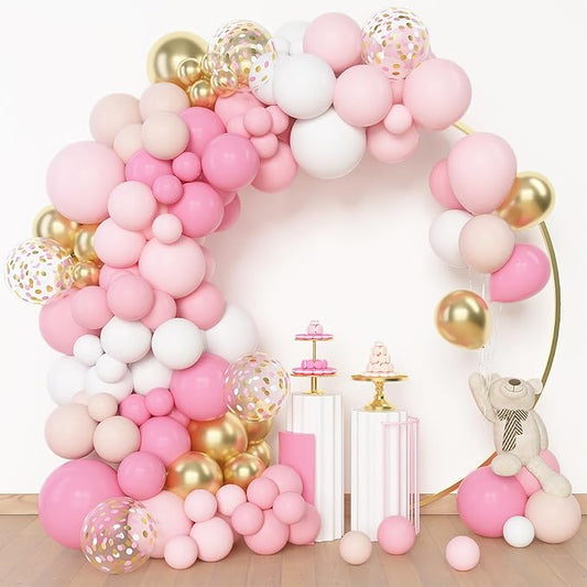 Amandir 144Pcs Pink Balloons Garland Arch Kit Light Pink Gold White Confetti Latex Metallic Balloons for Mothers Day Girl Birthday Baby Shower Wedding Graduation Party Decorations Supplies