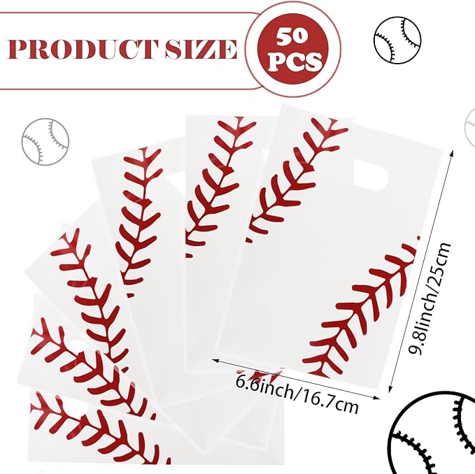 Hxezoc 50 Pieces Baseball Gift Bags with Handle, Plastic Treat Candy Bag Sport Favor Bags For Birthday Party Decoration Supplies