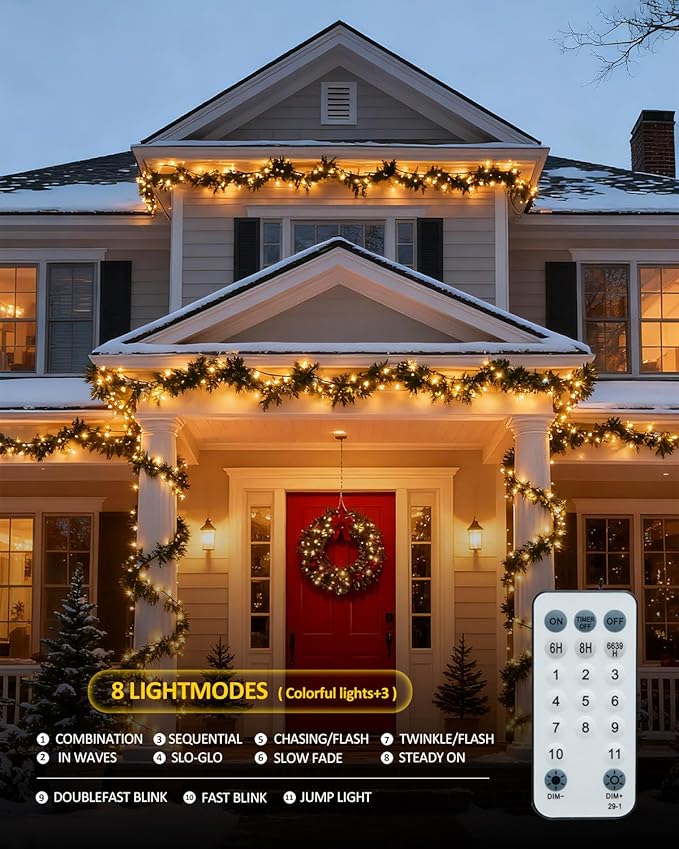 Outdoor String Lights, 328FT 1000 LED Fairy Lights, IP65 Waterproof Outside with Remote, 8 Lighting Modes Dimmable Timer Hanging LED Lamp for Camping Garden Patio Christmas Decor Yard Fence Tree
