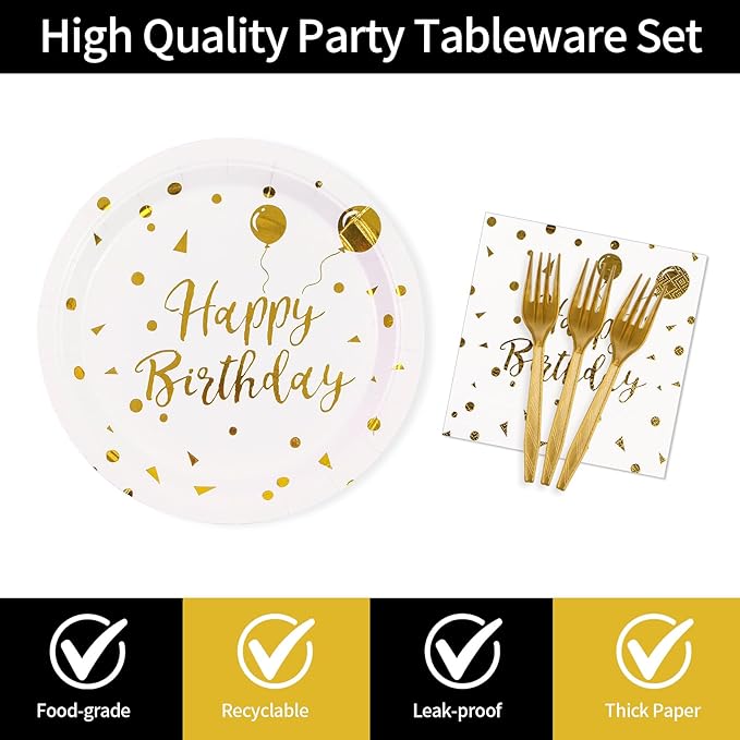 48PCS Happy Birthday Plates and Napkins Party Supplies, White and Gold Disposable Paper Plates and Napkins with Forks Tableware Set for Birthday Party Decorations 16 Guests
