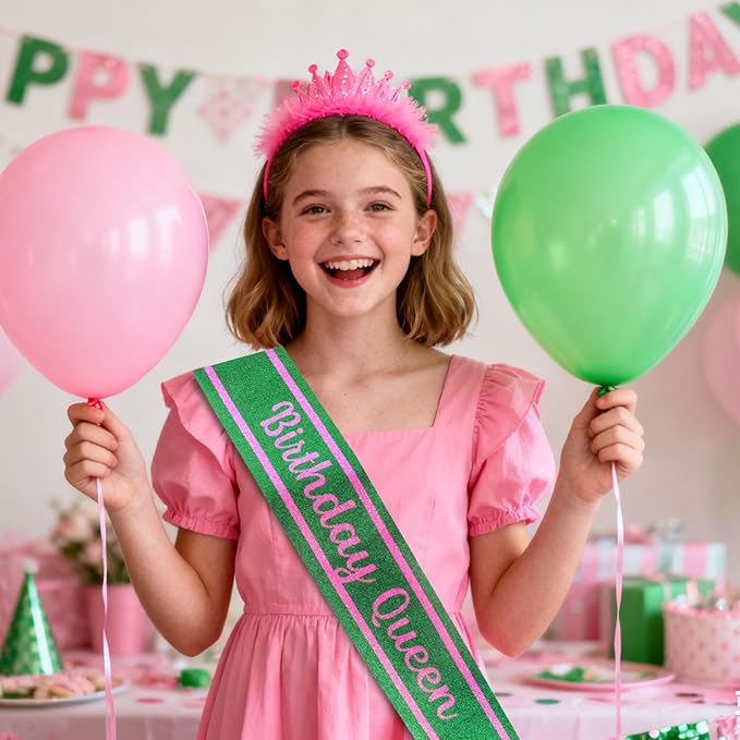 Pink Green Birthday Sash for Girls, Letter "Birthday Queen" Witch Themed Sash with Glitter Foil, Happy Funny Accessories for Party Favors Supplies