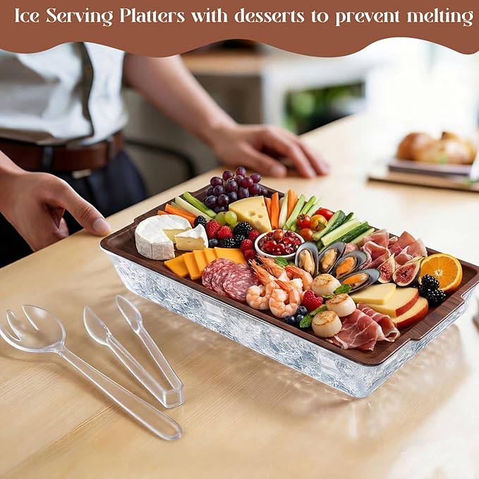 Baderke 1 Set 16" x 9" Chilled Serving Tray for Parties with Compartments Ice Chilled Party Crudite Platter Charcuterie Serving Board Cold Dish Dip Tableware for Seafood Vegetable (Dark Wood)