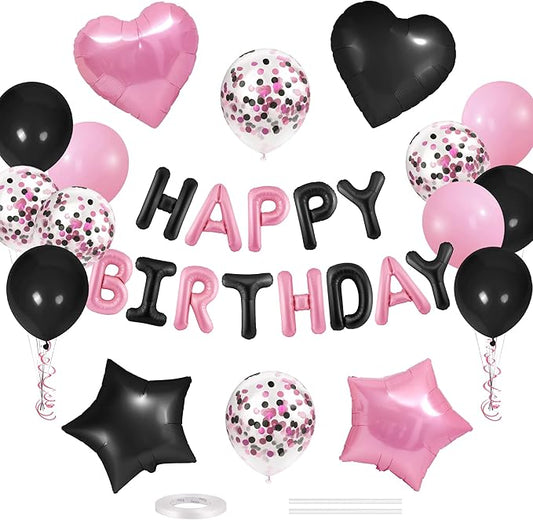 CANREVEL Happy Birthday Balloons Banner 16 Inch Mylar Foil Letters with Star & Heart Balloons Birthday Party Decorations for Men and Women - 30 Pcs Black Pink