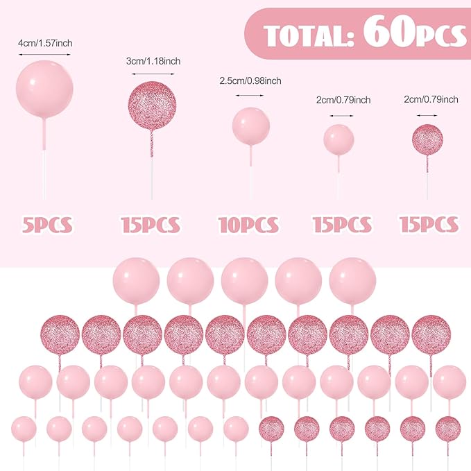 60Pcs Glitter Cake Balls Decorations Foam Cake Topper Balls Mini Balloon Cupcake Toppers for Cake Decorating Birthday Baby Shower Party (Glitter Pink)