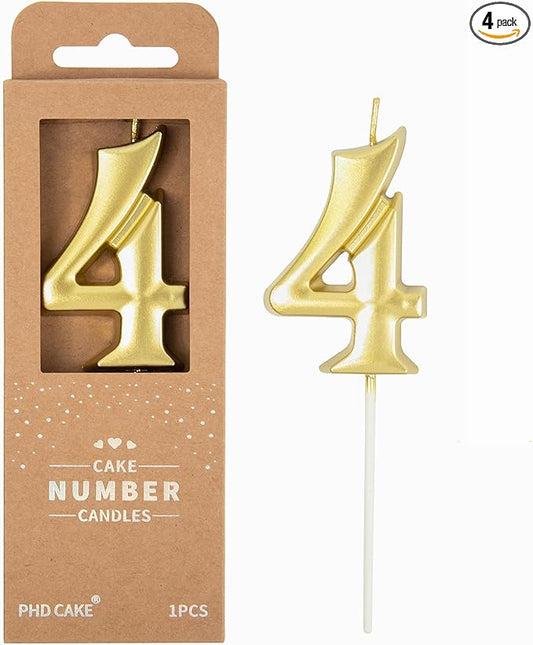 PHD CAKE 2.76 Inch Elegant Gold 4 Number Birthday Candles, Gold Number Candles, Cake Number Candles, Party Celebration