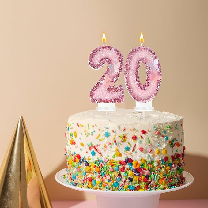 20Th Birthday Candles，Glitter Butterfly Cake Toppers Pink Sequins Wedding Numeral Cupcake Decorations，Suitable for Girl and Boy Wedding Cakes, Party Celebrations, Birthday Decorations (20)