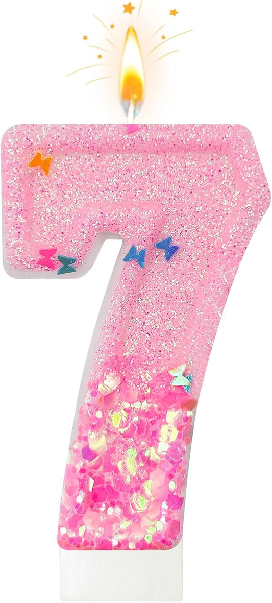 Pink Sequin Birthday Candles, Cake Number Candles, Girls 0th Birthday Decorations, Suitable for Birthday Parties, Anniversary Party Decorations(7)