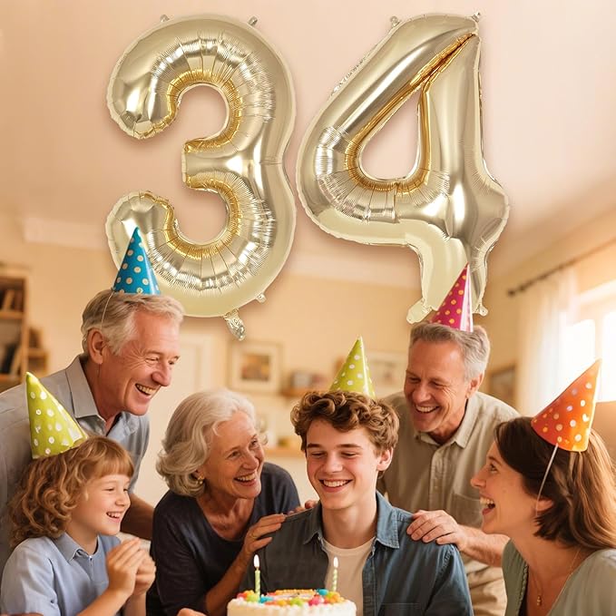 Champagne Large Number 34 Balloon, 40 Inch Light Gold Foil Helium Number Balloons, Giant Mylar Number 34 Balloons for 34 Years Old Birthday Party Anniversary Decorations (Champagne Gold 34)