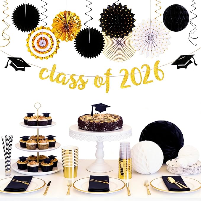 Black Gold Party-Decorations Graduation Banner-Streamers - 18pcs Kits Class of 2026 Garland, Paper Tissue Pom Poms Fan, Honeycomb Lanterns Congrate Grad Congratulations Decor Panduola