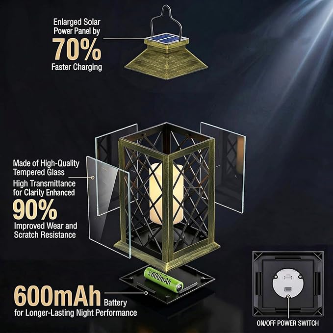 14" Large Tempered Glass Solar Lanterns Outdoor Waterproof, Hanging Solar Lights with Flickering Flameless Candles, Retro Solar Lantern for Wall Porch Patio Table Garden Decoration (Bronze)