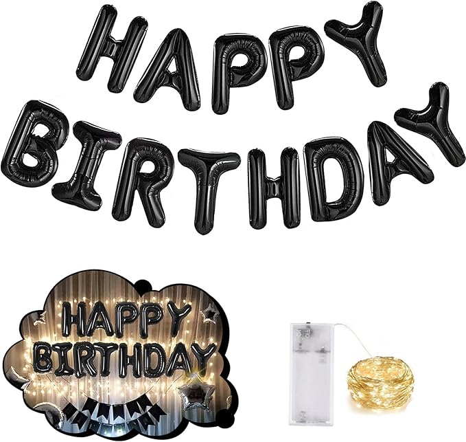 CANREVEL Happy Birthday Banner 13pcs 16 Inch Mylar Foil Letters Sign Balloons with LED Lights Birthday Party Decorations for Kids and Adults - 3D Black