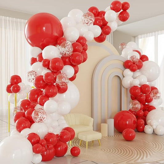 Red White Balloons Arch Kit, 124pcs Red and White Confetti Balloons with 16ft Tape Strip & Dot Glue for Graduation Birthday Baby Shower Wedding Party Decorations