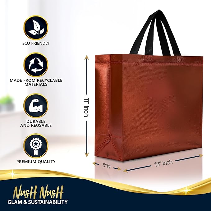 Nush Nush Chocolate Gift Bags Large Size – Set of 30 Reusable Shiny Brown Gift Bags With Handles In Bulk For Small Business Use In Gifting Events, Birthdays - 13Wx5Dx11H