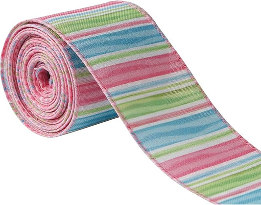 Meseey 2.5 Inch x 10 Yards Pastel Striped Wired Ribbon, Spring Rainbow Striped Wired Edge Ribbon for Easter Wreaths, Gift Wrapping, Easter Baskets, Crafts, Spring Party Decorations