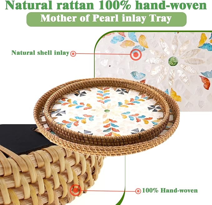 Round Rattan Tray with Mother of Pearl Inlay, Handwoven Wicker Coffee Table Serving Basket Tray for Fruit Snack Party Picnic Cafe Bedroom Kitchen Home Decor Set of 2 (Colorful Wicker)