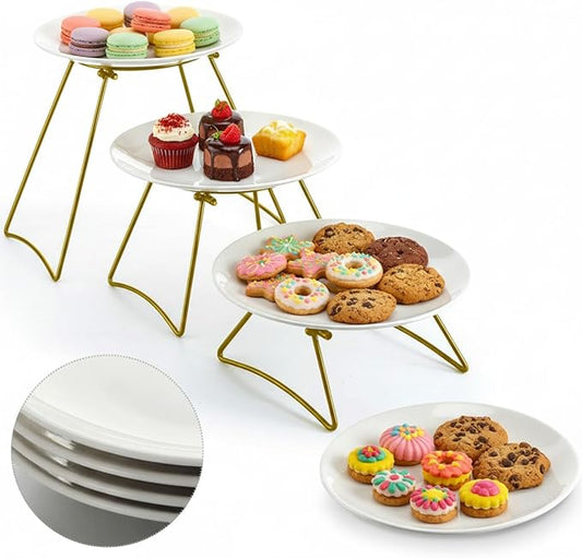 4 Tiered Dessert Serving Stand with White Porcelain Plates, Cookie Table Display Set, 10"x10" Large Dessert Table Display Set for Veggie, Fruit, Cookies for Party Buffet Entertaining