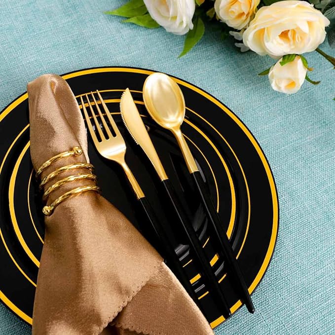 Rubtlamp 96 Pcs Gold Disposable Silverware, Plastic Cutlery, Gold Utensils Plastic with Black Handle Include 32Forks, 32Spoons, 32Knives for Party