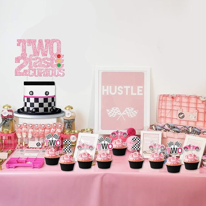 Two Fast Two Curious Birthday Decorations, 25Pcs Race Car Cake Topper Cupcake Toppers Pink for Girl 2nd Birthday Let’s Go Racing Party Supplies
