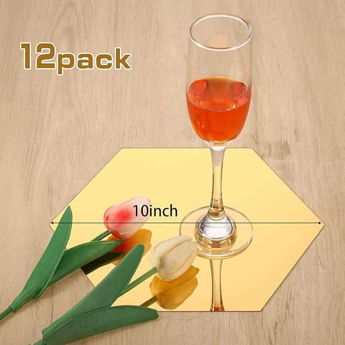 Thyle 12 Pcs Acrylic Hexagon Mirrors for Tables Centerpieces 8 Inch Hexagon Mirrors Candle Plates for Wall Wedding Table Centerpieces Hexagon Mirror Tray for Baby Shower Party, Thickness 1 mm