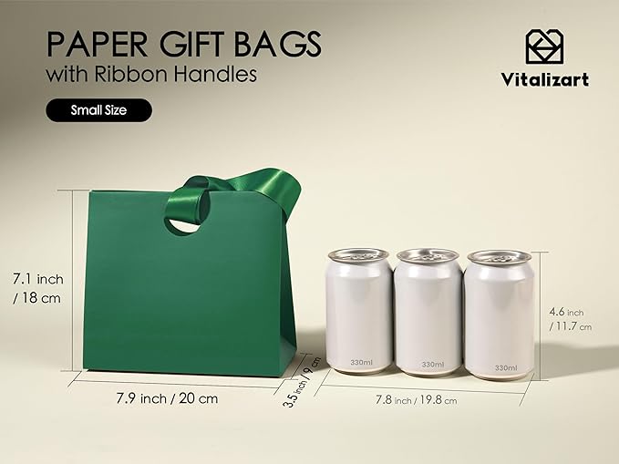 Vitalizart Paper Gift Bags With Ribbon Handles Set of 10 Green Bulk Reusable For Gift Wrap Girls Kids Birthday Bridal Shower Party Favors Goodie Bags Candy Toys Christmas 7.87"x3.54"x7.09" Small Size
