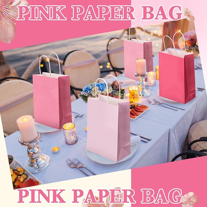Humyoun 24 Pcs Pink Paper Gift Bags with Handles 8.3" x 5.9" x 3.1" Goodies Treat Candy Bags for Holiday Party Favor Gift Wrapping Baby Shower Wedding Birthday Party Supplies