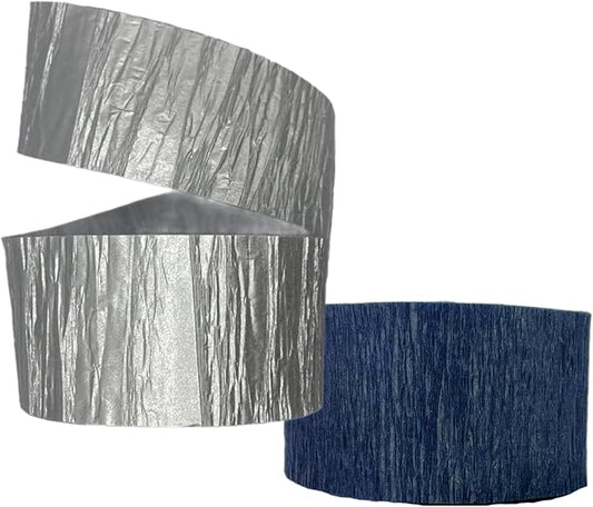K-Kraft USA-Made Hanging Decorative Crepe Paper Streamers for Birthday, Party, Holiday, School, Wedding, Shower, or Graduation (1 Navy + 1 Silver Metallic)