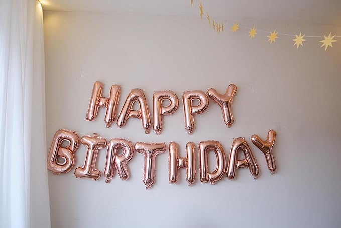 Rose Gold Happy Birthday Balloon Banner, 16 Inch Foil Mylar Happy Birthday Balloons Letters, Reusable Happy Birthday Sign, Rose Gold Birthday Decorations for Women and Girls