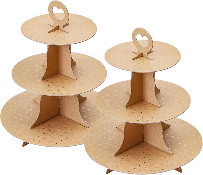 Soleebee 3-Tier Round Cupcake Stand, Cardboard Cupcake Tower, Dessert Cup Cake Stand Tower for Birthday Wedding Party Decoration, Cupcake Tier Stand 2 Set (Brown Golden Dot)