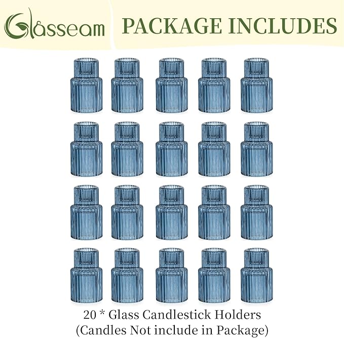 Glasseam Candle Sticks Holder Decor: Set of 20 Blue Ribbed Glass Candle Holder Modern Fluted Taper Candle Holders Bulk for Table Centerpiece Wedding Decorations Dinner Party Home Decor