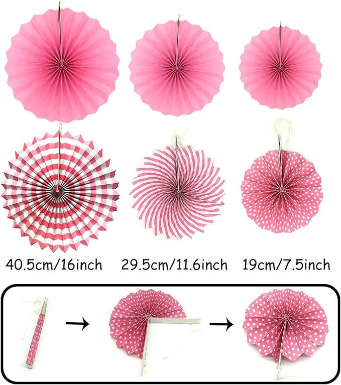 ZERODECO Party Hanging Paper Fans Set, Pink Confetti Balloons Decorative Folding Fans Paper Pompoms Triangle Bunting Flags Garlands for Wedding Birthday Baby Shower Photo Backdrop Party Decorations