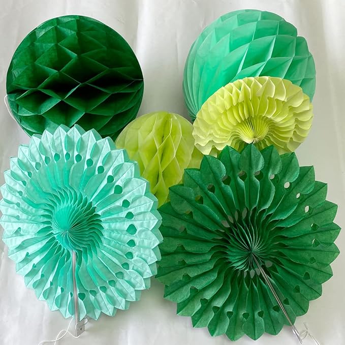 12pcs 6’’ 8’’ Honeycomb Balls Tissue Paper Fans Party Honeycomb Ball Fans Wall Decorations Tissue Pom Poms Flower Balls Hanging Paper Fans for Party Baby Shower Birthday Wedding Nursery(Green kit)