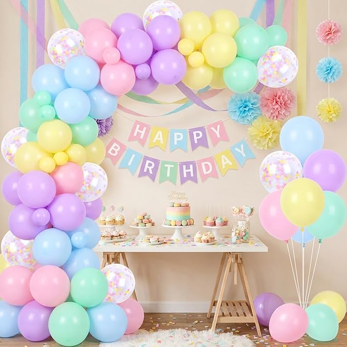 RUBFAC Pastel Balloons Easter Party Balloon, 65pcs 12 Inch Light Rainbow Colorful Latex Confetti Balloons for Easter Birthday Baby Shower Bridal Wedding Party Decoration