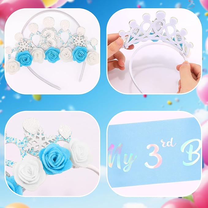 CUBACO 3rd Birthday Crown Headband and Sash, 3 Year Old Girl Birthday Gift for Blue Princess Crown, Frozen Party Decorations Favors for Girls Outfit